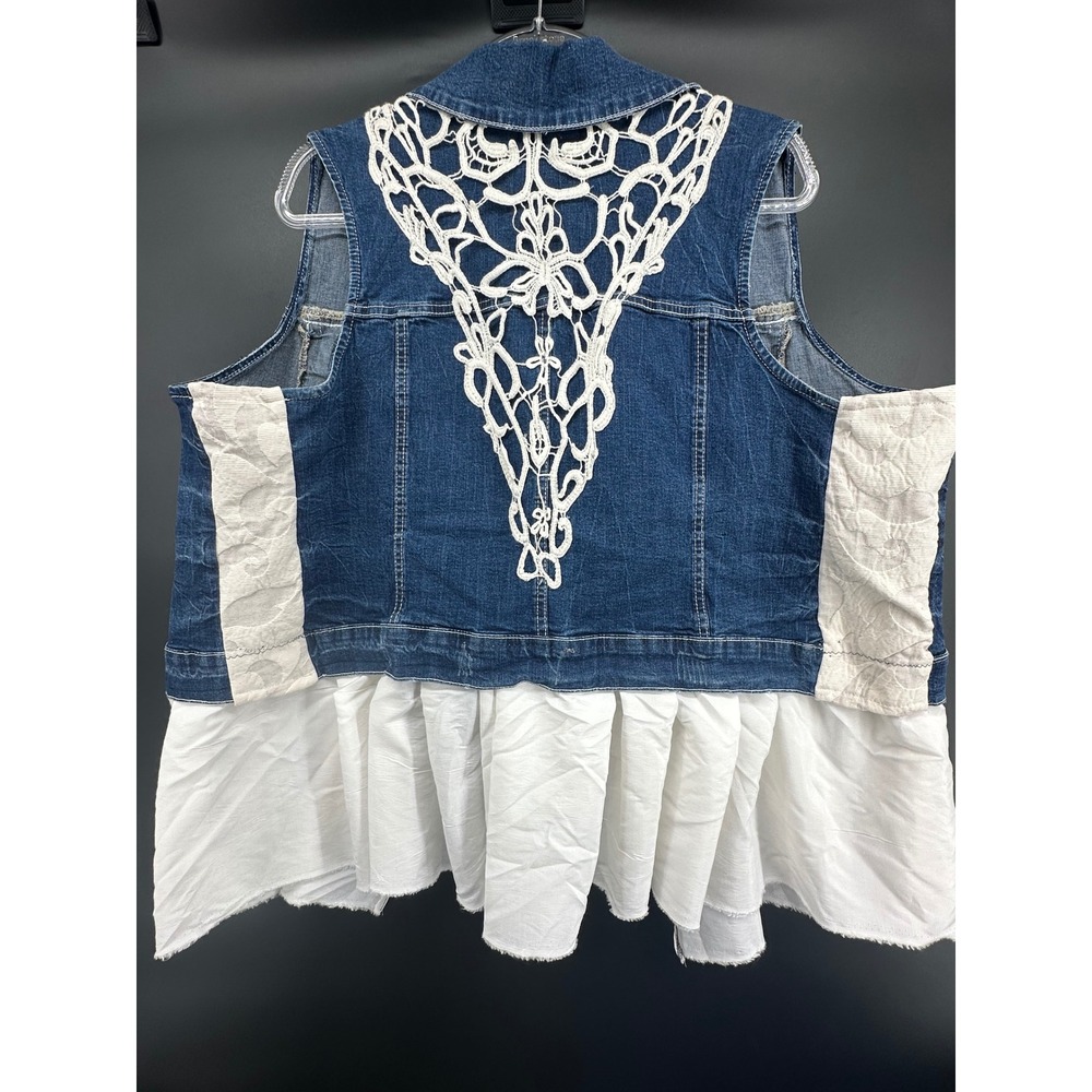 🦋 Upcycled Boho‎ Denim Vest w/ Crochet Lace Back & Ruffle Hem 🦋